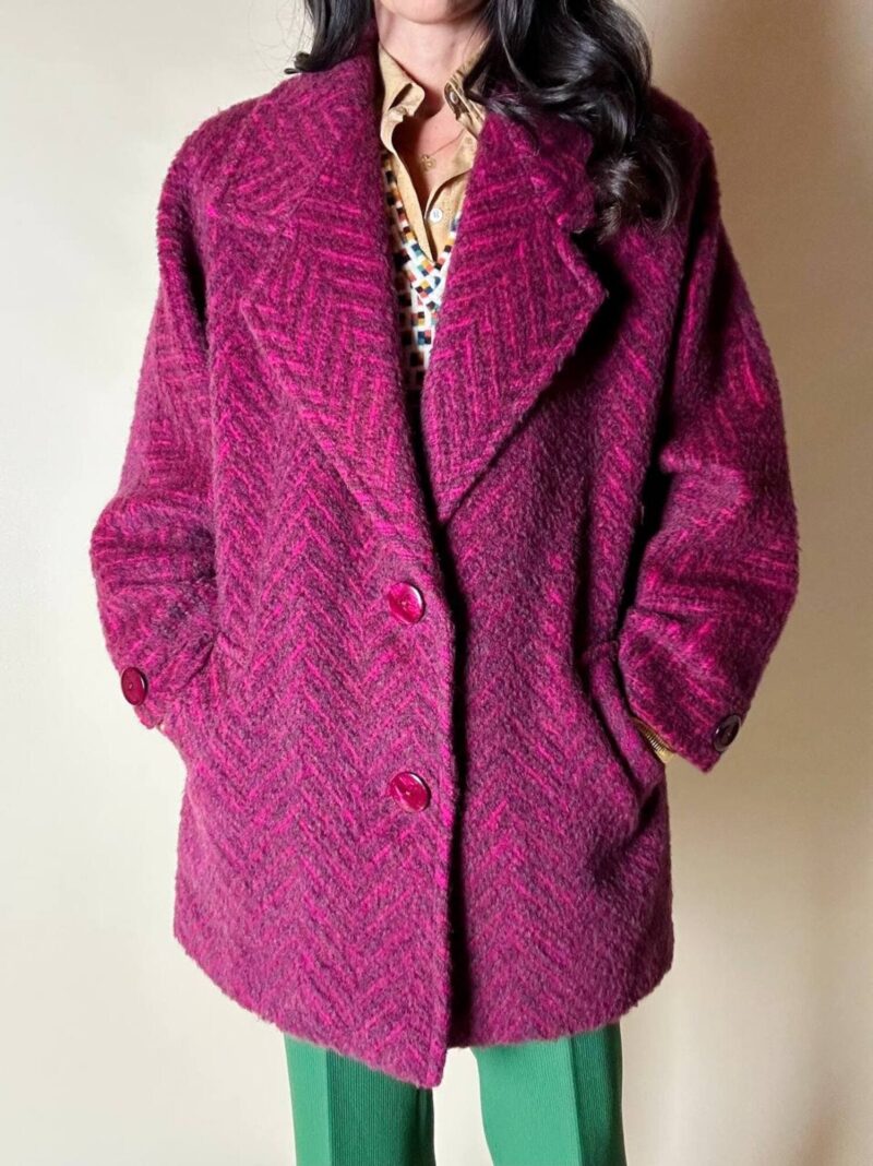 Capottino vintage spinato in tweed di lana e mohair magenta e prugna
