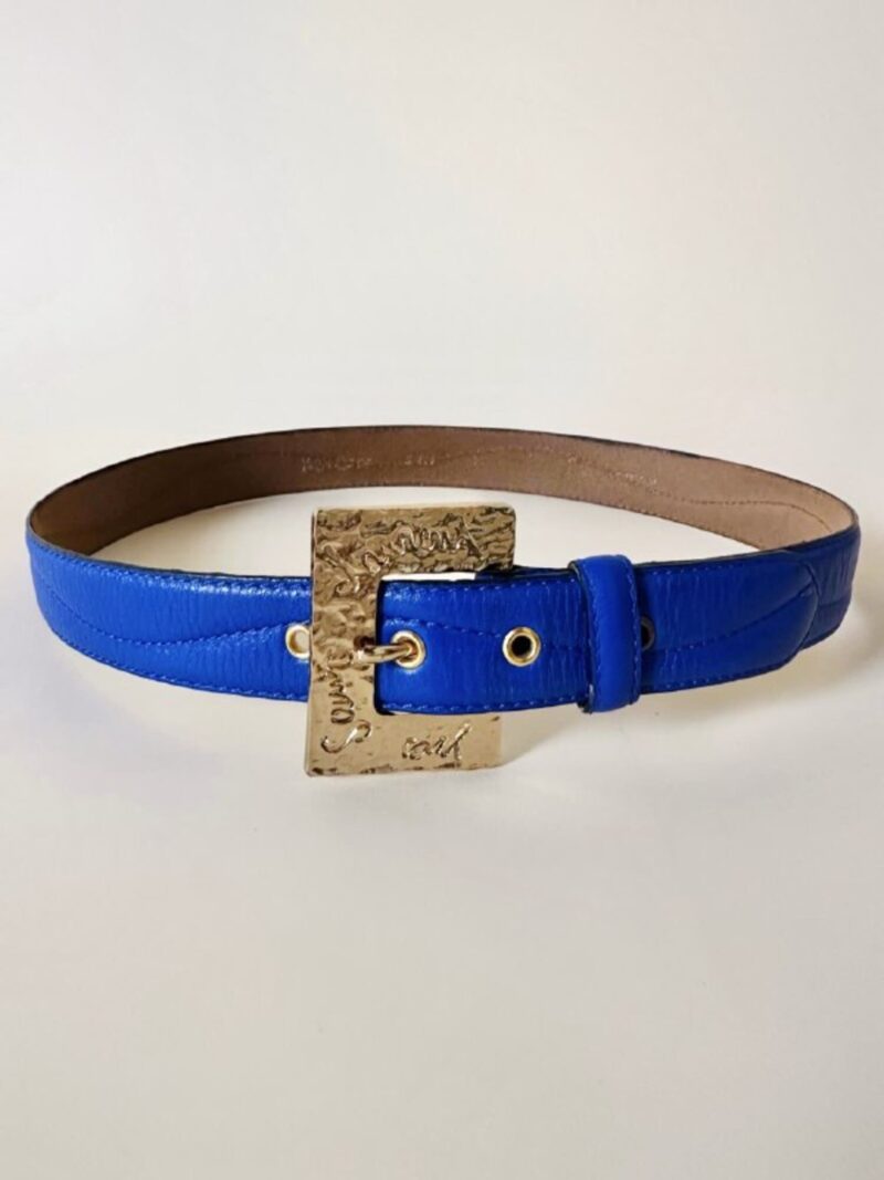 Cintura vintage Yves Saint Laurent in pelle bluette con fibbia gioiello dorata