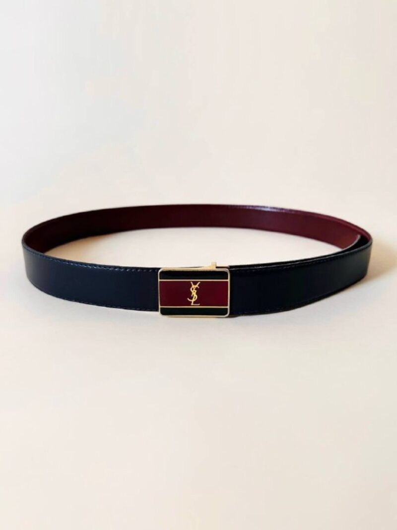 Cintura vintage Yves Saint Laurent double face blu navy e bordeaux con fibbia smaltata con logo YSL