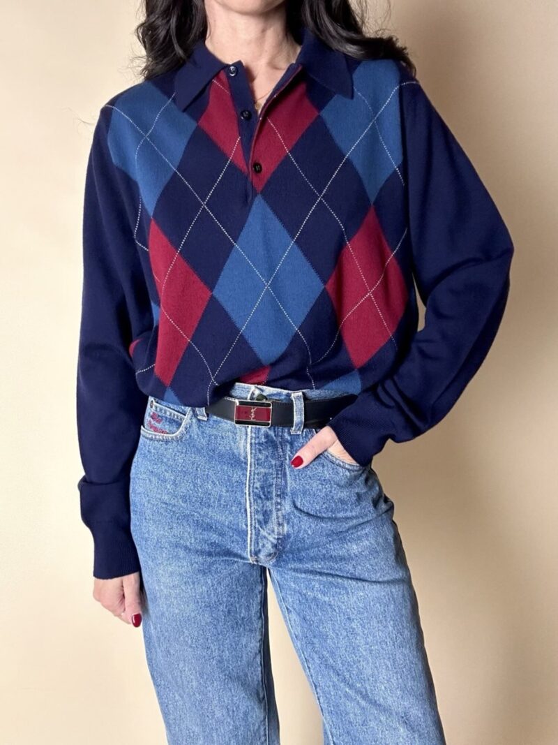 Pullover vintage fantasia Argyle blu notte avio e borgogna Verlana By Jon Smedley