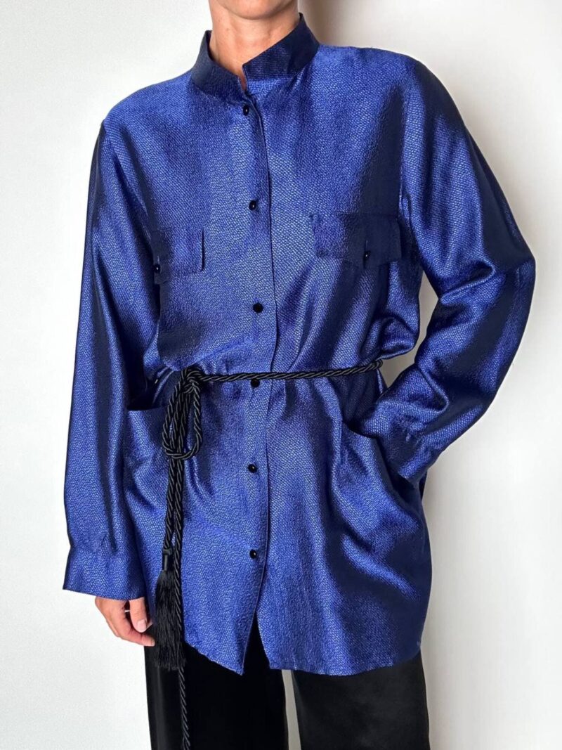 Giacca-camicia vintage in tessuto jacquard bluette
