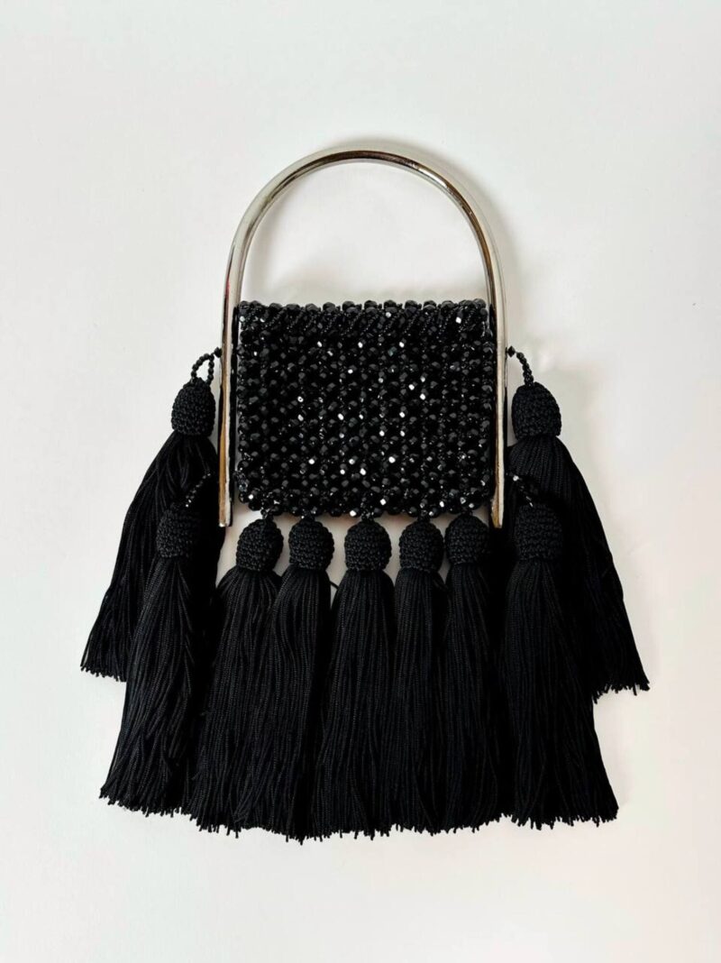 Borsa gioiello vintage in perline nere sfaccettate e maxi nappe couture