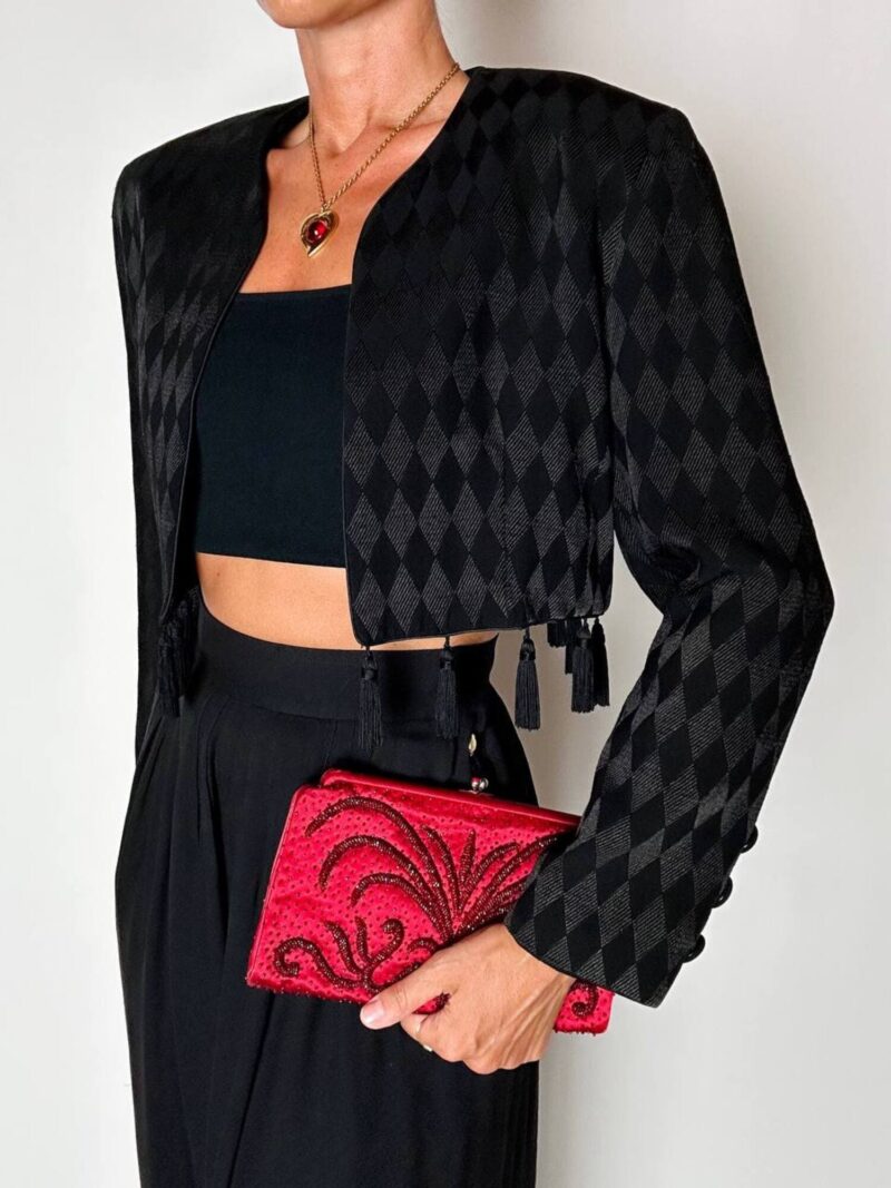 Spencer vintage Louis Féraud in tessuto jacquard nero operato a losanghe e nappine