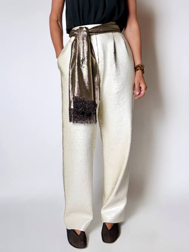 Pantalone a palazzo vintage ricamato in paillettes color panna