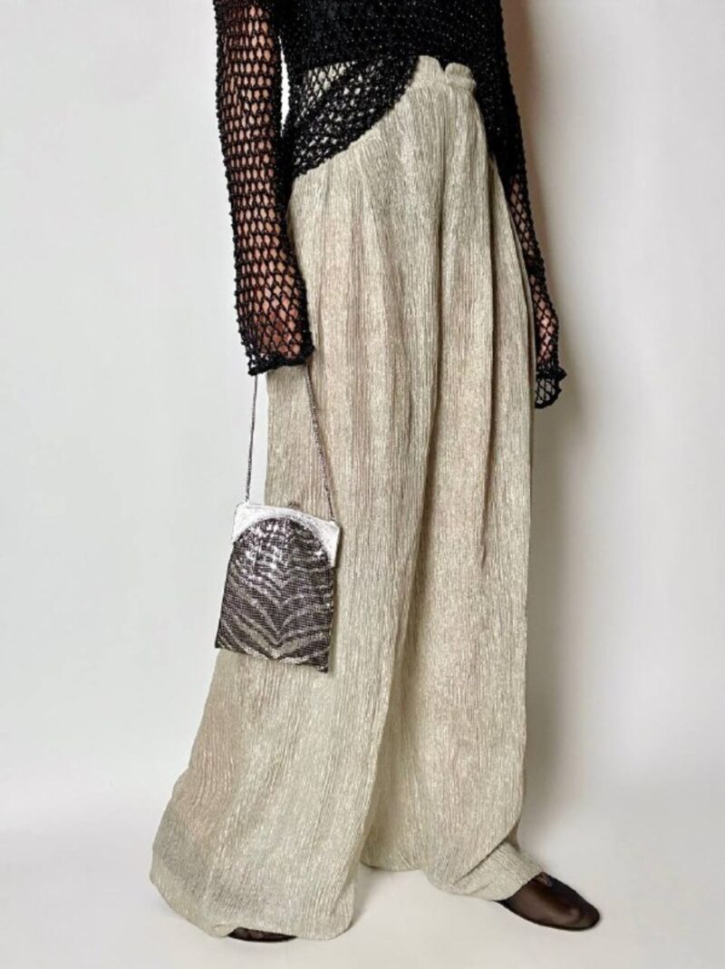 Pantalone a palazzo vintage Emporio Armani in seta goffrata champagne operata con filo metallico