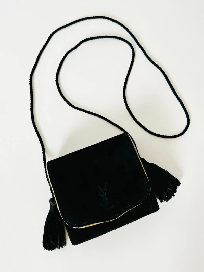 Pochette Beauté vintage Yves Saint Laurent in camoscio nero con nappine e specchio